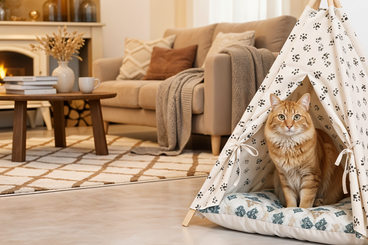 Grand chat roux et poilu (type Maine Coon) assis dans un tipi pour animaux, dans un salon confortable.